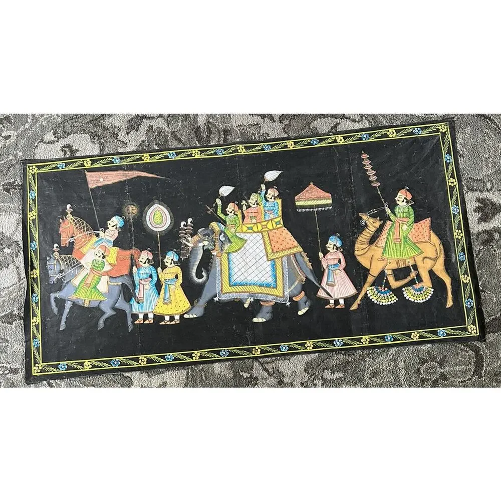 Vintage Indian Batik Black Cotton Wall Hanging Hand painted Elephants 28x60” Art